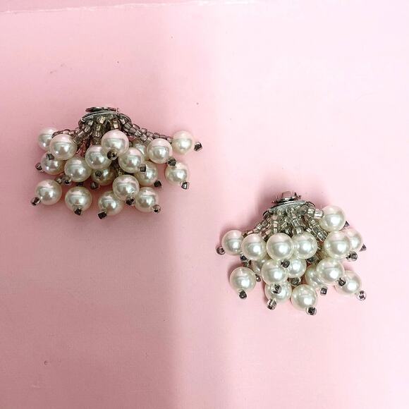 Vintage Pearl Cascade Earrings | Retro Clip-On Jewelry - Picture 4 of 5